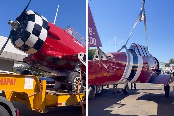 img of T-6, avião clássico, exibido em shopping após viagem por SP interior