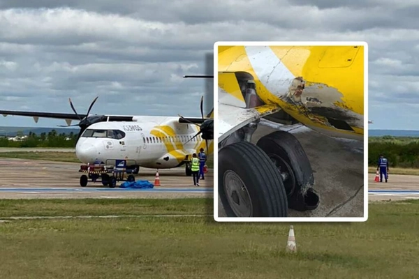 img of Turboélice Voepass ATR 72 tem fuselagem danificada por pneu estourado em Goiás